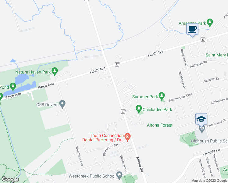 map of restaurants, bars, coffee shops, grocery stores, and more near 1956 Altona Road in Pickering