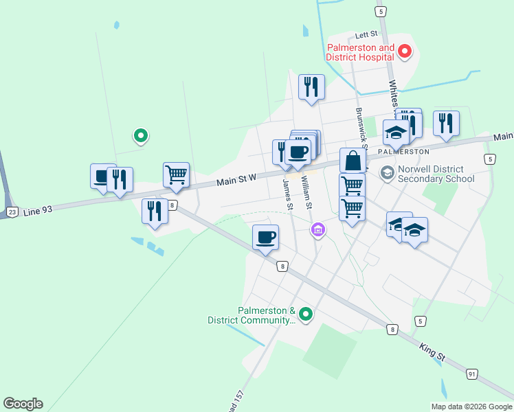 map of restaurants, bars, coffee shops, grocery stores, and more near 320 Bell Street in Minto