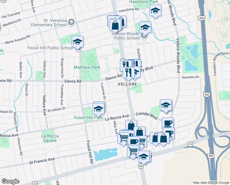 map of restaurants, bars, coffee shops, grocery stores, and more near Neuchatel Avenue in Vaughan