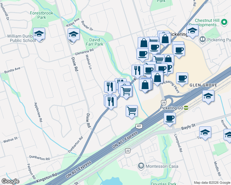 map of restaurants, bars, coffee shops, grocery stores, and more near in Pickering