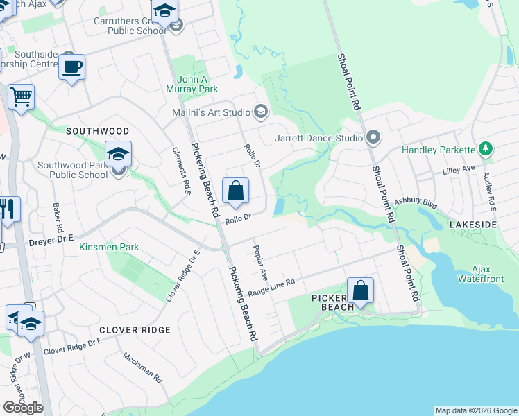 map of restaurants, bars, coffee shops, grocery stores, and more near in Ajax