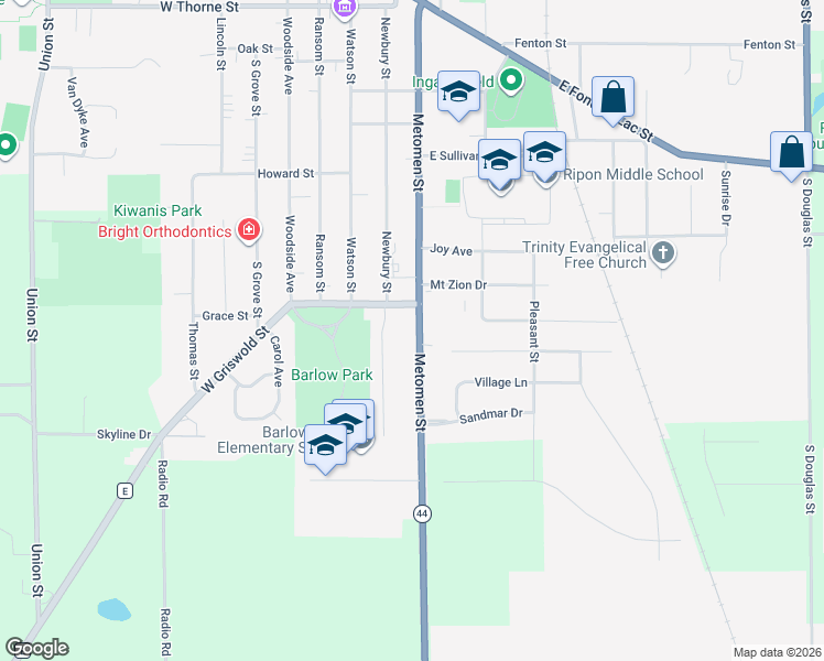 map of restaurants, bars, coffee shops, grocery stores, and more near 971 Metomen Street in Ripon