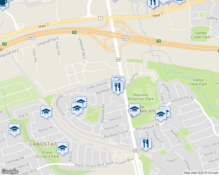 map of restaurants, bars, coffee shops, grocery stores, and more near 35 Jondan Crescent in Markham