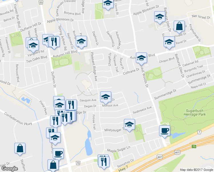 map of restaurants, bars, coffee shops, grocery stores, and more near 34 Jacobi Court in Vaughan