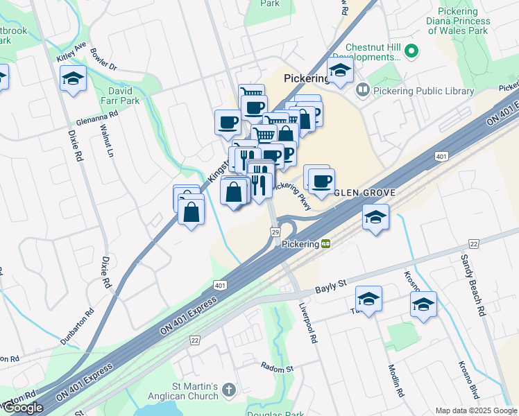 map of restaurants, bars, coffee shops, grocery stores, and more near 1790 Liverpool Road in Pickering