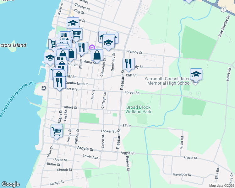 map of restaurants, bars, coffee shops, grocery stores, and more near 61 Forest Street in Yarmouth