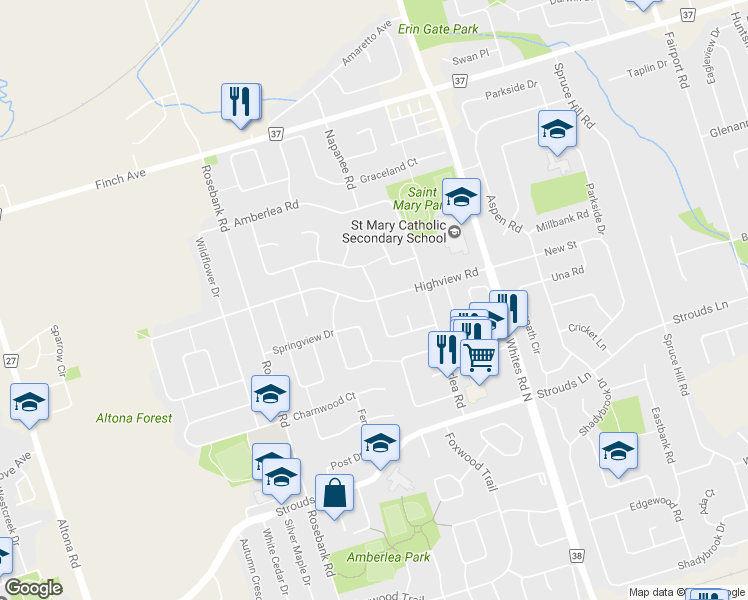 map of restaurants, bars, coffee shops, grocery stores, and more near 679 Highview Rd in Pickering
