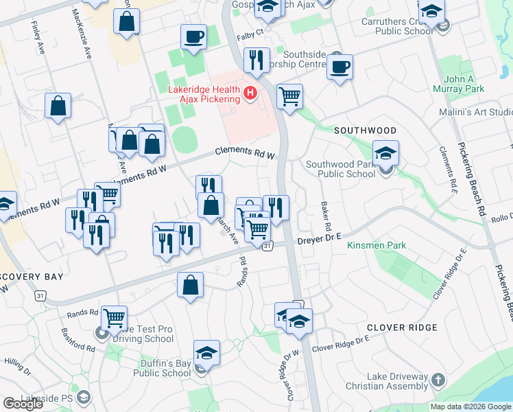 map of restaurants, bars, coffee shops, grocery stores, and more near 38 Frazer Road in Ajax