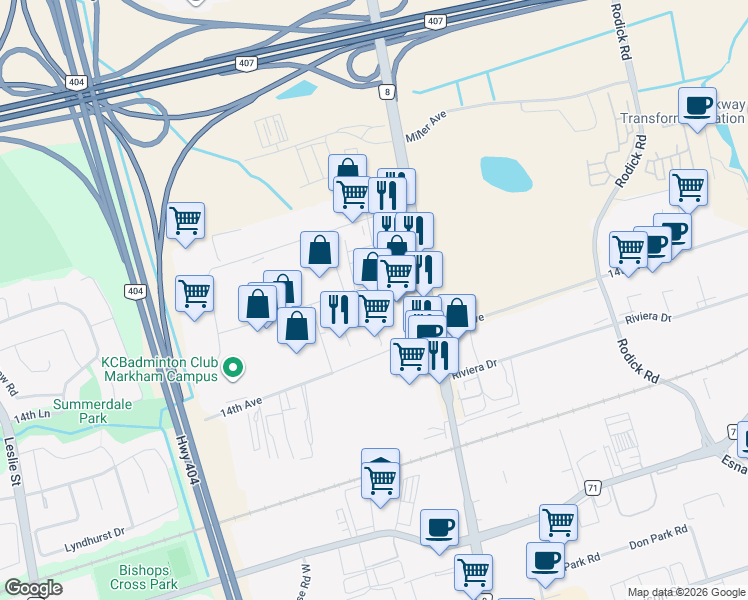 map of restaurants, bars, coffee shops, grocery stores, and more near 75 Konrad Crescent in Markham