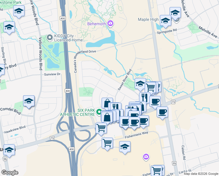 map of restaurants, bars, coffee shops, grocery stores, and more near 30 Casabel Drive in Vaughan