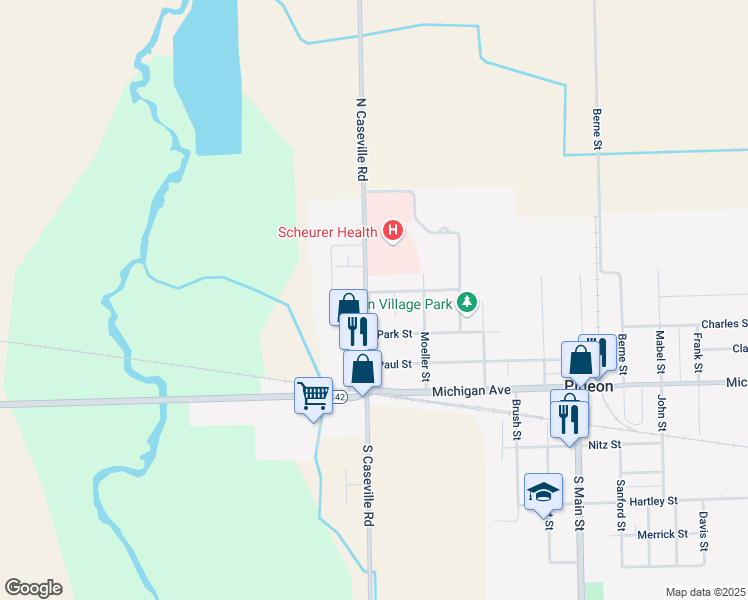 map of restaurants, bars, coffee shops, grocery stores, and more near 7478-7498 Bliss Street in Pigeon
