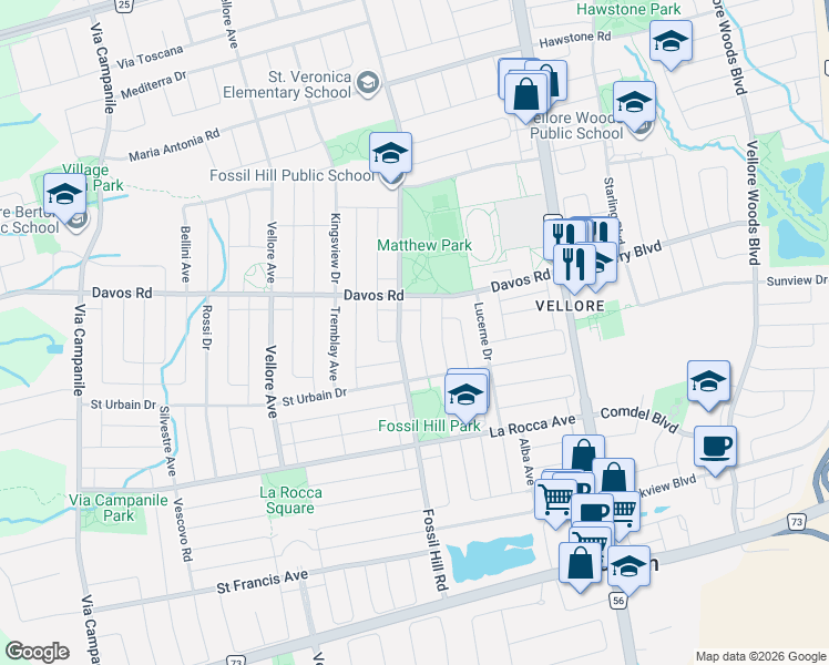 map of restaurants, bars, coffee shops, grocery stores, and more near 42 Dylan Street in Vaughan