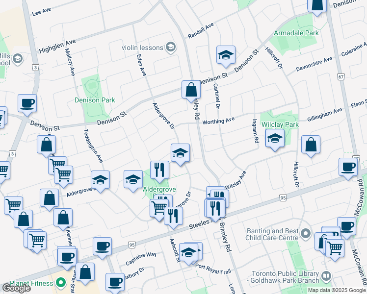 map of restaurants, bars, coffee shops, grocery stores, and more near 45 Aldergrove Drive in Markham