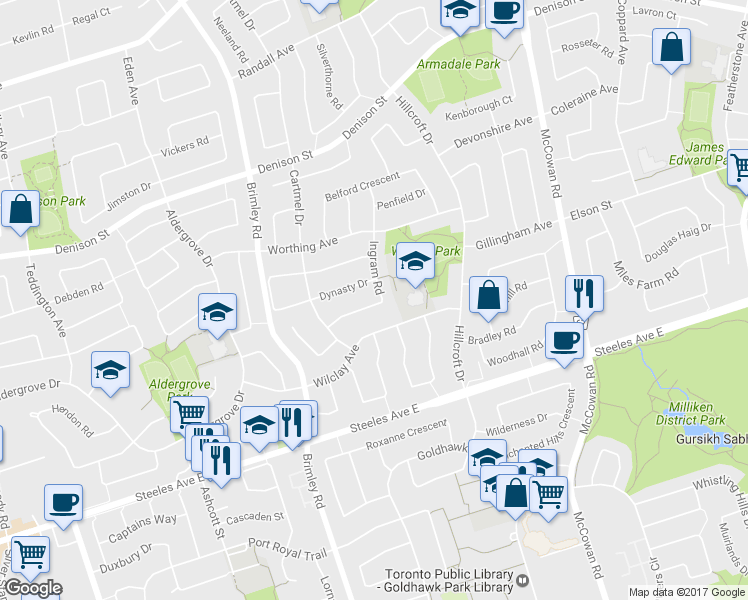 map of restaurants, bars, coffee shops, grocery stores, and more near 44 Ingram Road in Markham