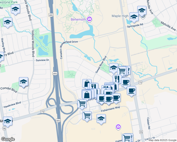 map of restaurants, bars, coffee shops, grocery stores, and more near in Vaughan