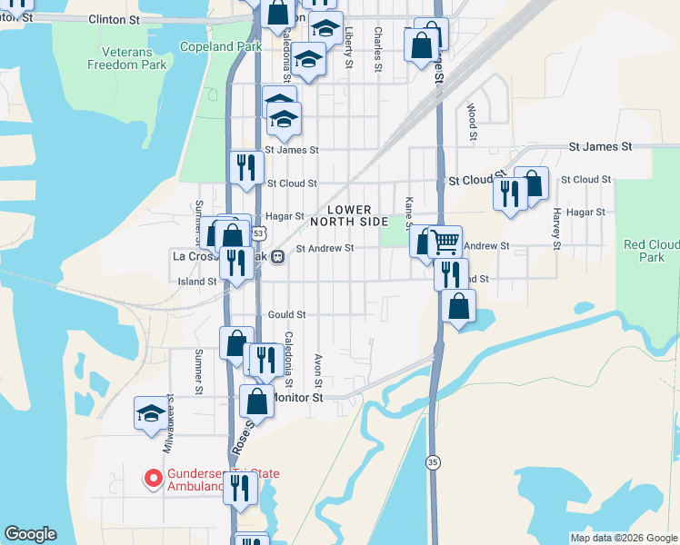 map of restaurants, bars, coffee shops, grocery stores, and more near 518 Avon Street in La Crosse