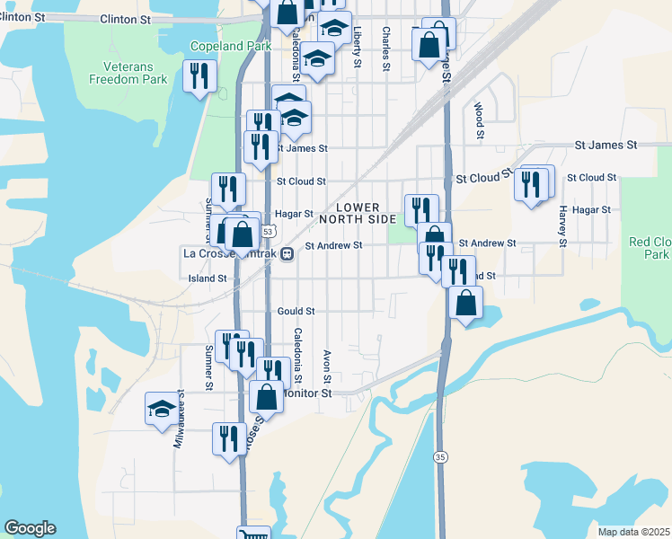 map of restaurants, bars, coffee shops, grocery stores, and more near 518 Avon Street in La Crosse
