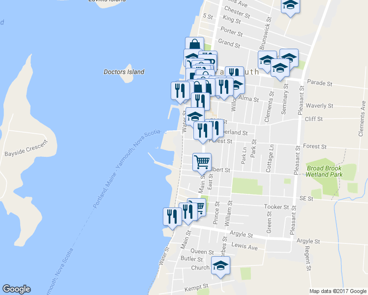 map of restaurants, bars, coffee shops, grocery stores, and more near 65 Water Street in Yarmouth