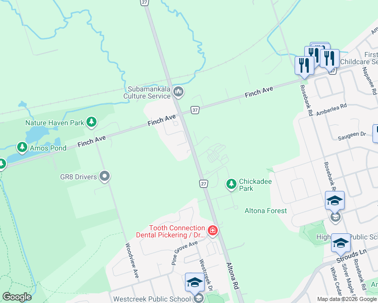 map of restaurants, bars, coffee shops, grocery stores, and more near 1965 Altona Road in Pickering