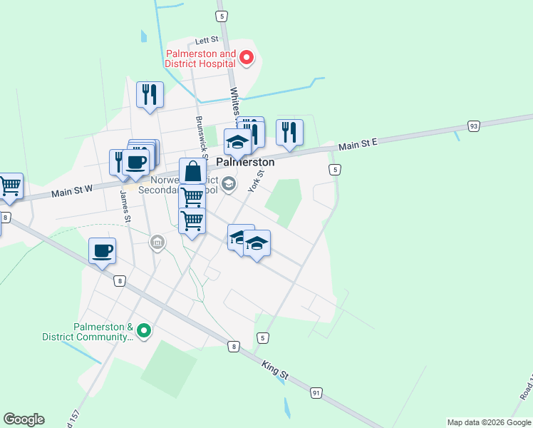 map of restaurants, bars, coffee shops, grocery stores, and more near 555 Raglan Street in Palmerston