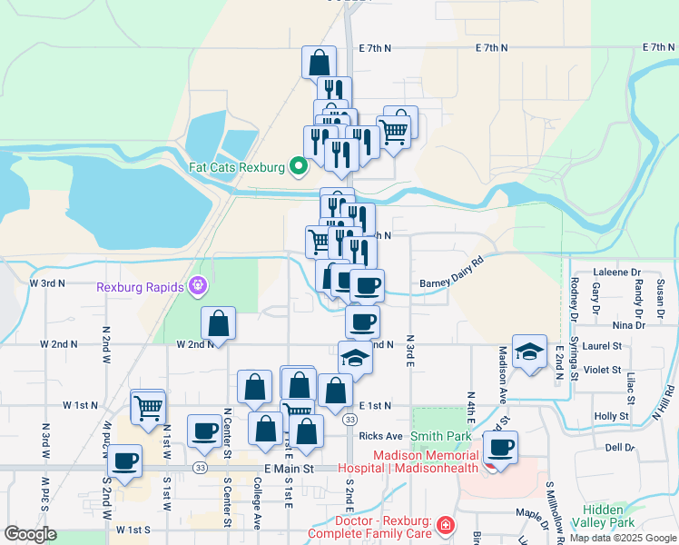 map of restaurants, bars, coffee shops, grocery stores, and more near 345 North 2nd East Street in Rexburg
