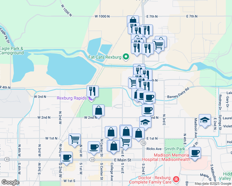 map of restaurants, bars, coffee shops, grocery stores, and more near 311 North 1st East in Rexburg