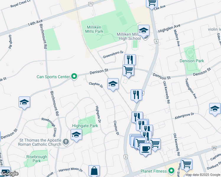 map of restaurants, bars, coffee shops, grocery stores, and more near 185 Clayton Drive in Markham