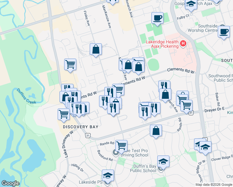 map of restaurants, bars, coffee shops, grocery stores, and more near 655 Finley Avenue in Ajax