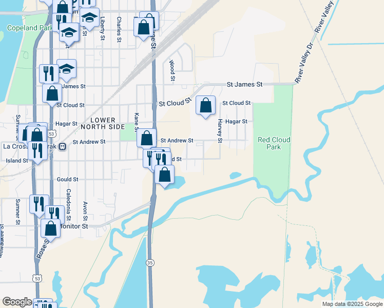 map of restaurants, bars, coffee shops, grocery stores, and more near 507 Prospect Street in La Crosse