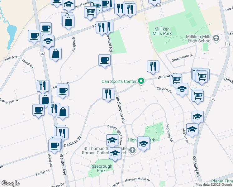 map of restaurants, bars, coffee shops, grocery stores, and more near Birchmount Rd & Denison St in Markham