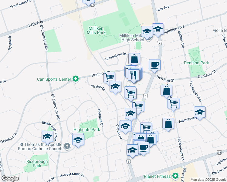 map of restaurants, bars, coffee shops, grocery stores, and more near 185 Clayton Drive in Markham