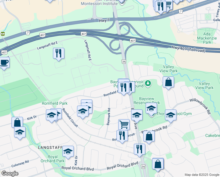 map of restaurants, bars, coffee shops, grocery stores, and more near 35 Jondan Crescent in Markham