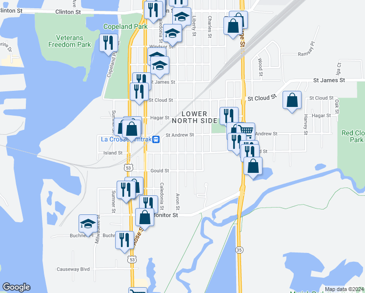 map of restaurants, bars, coffee shops, grocery stores, and more near 518 Avon Street in La Crosse