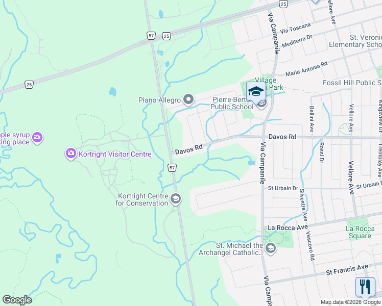 map of restaurants, bars, coffee shops, grocery stores, and more near 655 Davos Road in Vaughan