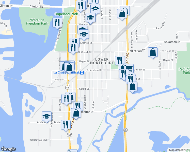 map of restaurants, bars, coffee shops, grocery stores, and more near 510 Avon Street in La Crosse