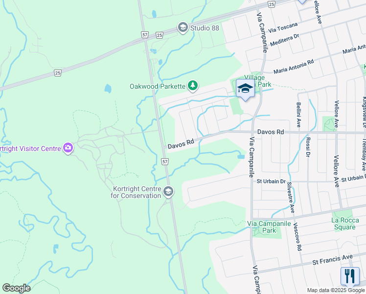 map of restaurants, bars, coffee shops, grocery stores, and more near 655 Davos Road in Vaughan