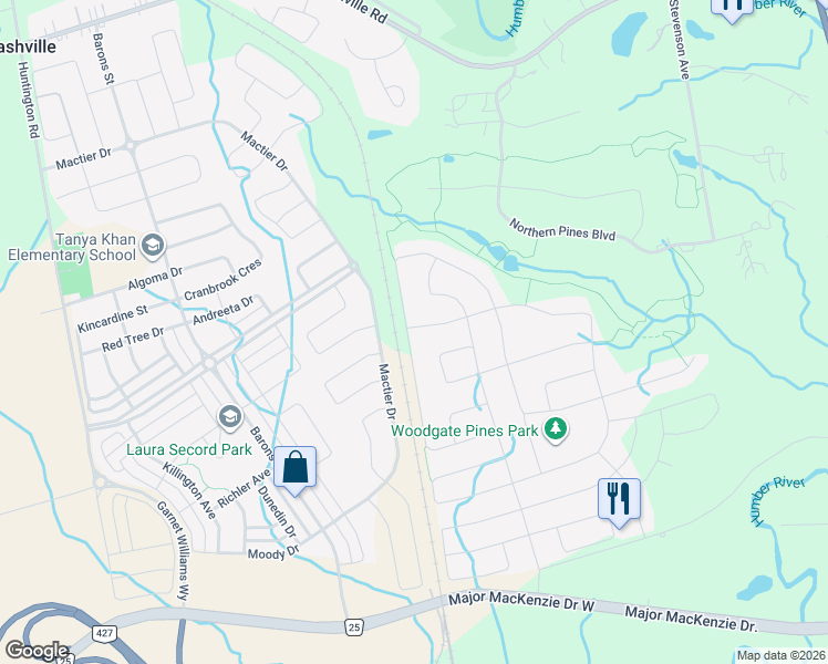 map of restaurants, bars, coffee shops, grocery stores, and more near 190 Torrey Pines Road in Vaughan