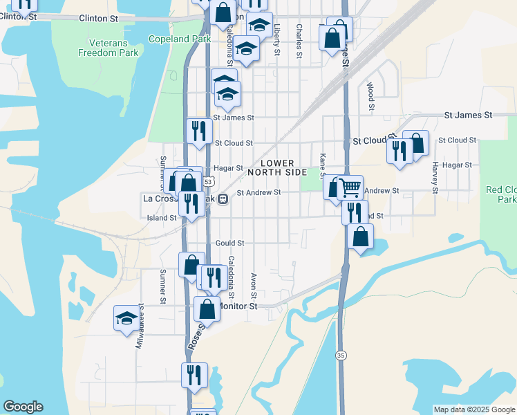 map of restaurants, bars, coffee shops, grocery stores, and more near 512 Avon Street in La Crosse