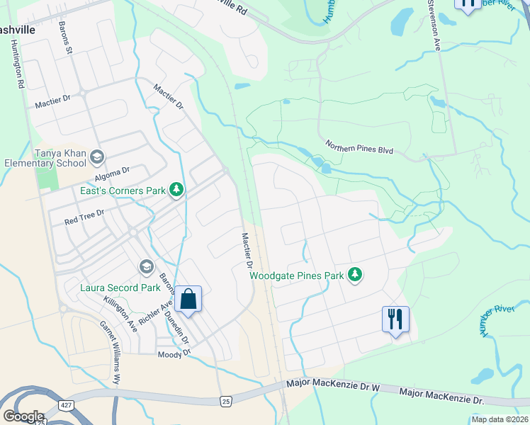 map of restaurants, bars, coffee shops, grocery stores, and more near in Vaughan