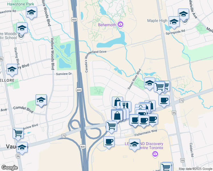 map of restaurants, bars, coffee shops, grocery stores, and more near Deepsprings Crescent in Vaughan