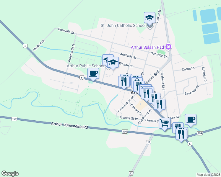 map of restaurants, bars, coffee shops, grocery stores, and more near 231 Ontario 6 in Arthur