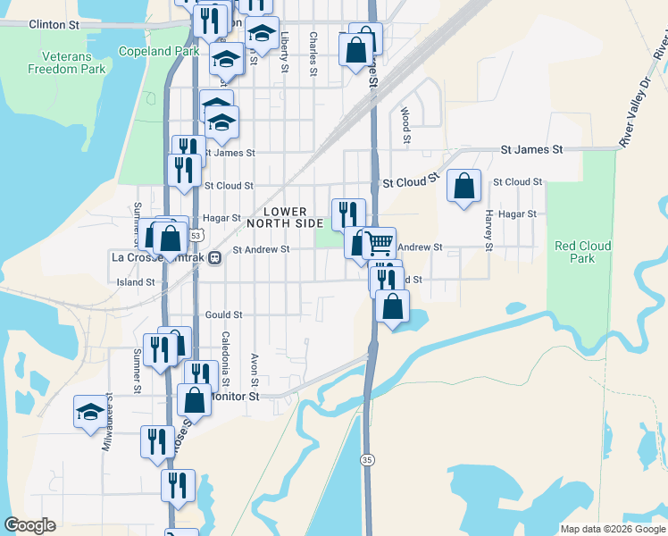 map of restaurants, bars, coffee shops, grocery stores, and more near 1012 Saint Andrew Street in La Crosse