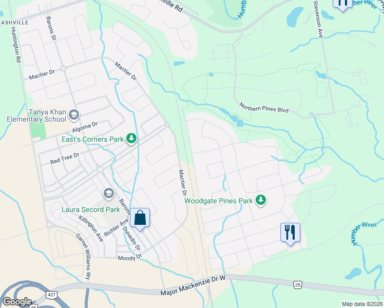 map of restaurants, bars, coffee shops, grocery stores, and more near 190 Torrey Pines Road in Vaughan