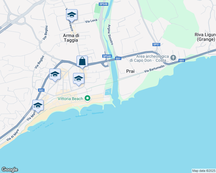 map of restaurants, bars, coffee shops, grocery stores, and more near 5 Argine Destro in Taggia