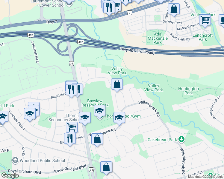 map of restaurants, bars, coffee shops, grocery stores, and more near 36 Abraham Avenue in Markham