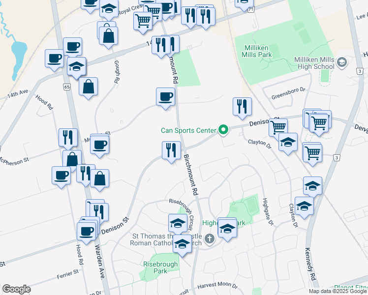 map of restaurants, bars, coffee shops, grocery stores, and more near 7400 Birchmount Road in Markham