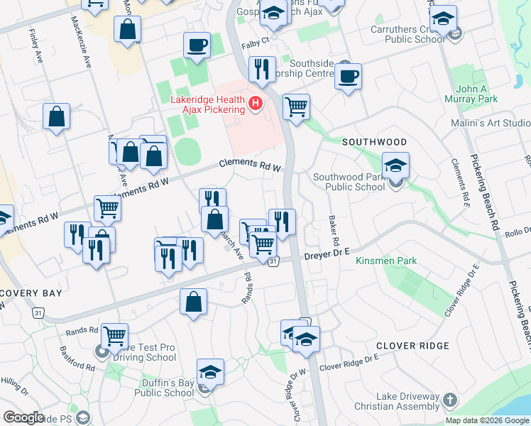 map of restaurants, bars, coffee shops, grocery stores, and more near 38 Frazer Road in Ajax