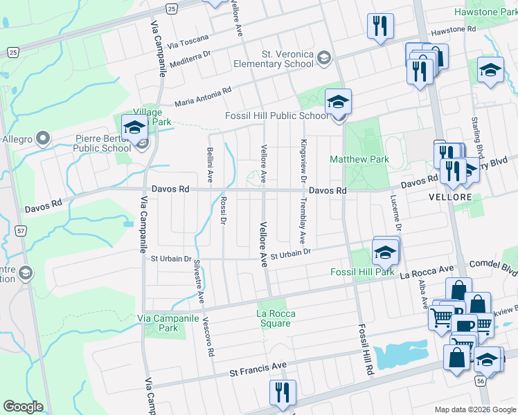 map of restaurants, bars, coffee shops, grocery stores, and more near 84 Rosario Drive in Vaughan