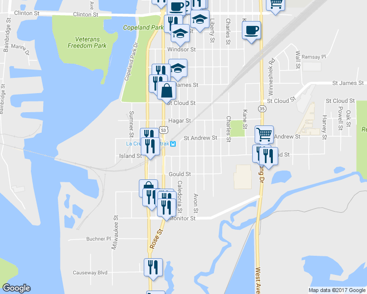 map of restaurants, bars, coffee shops, grocery stores, and more near 516 Caledonia Street in La Crosse