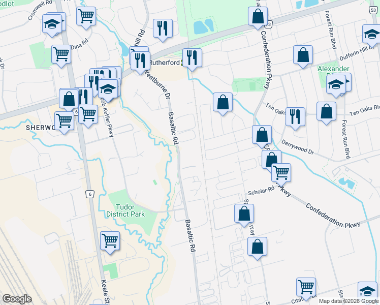 map of restaurants, bars, coffee shops, grocery stores, and more near 517 Basaltic Road in Vaughan